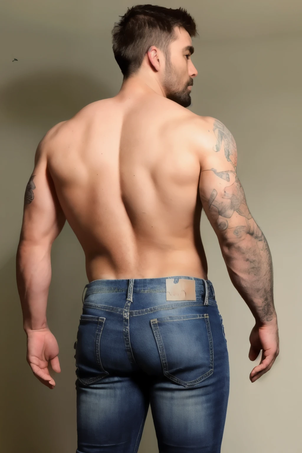 JordanBrandt, 45yo, short mustache and beard, wearing jeans, shirtless, backside