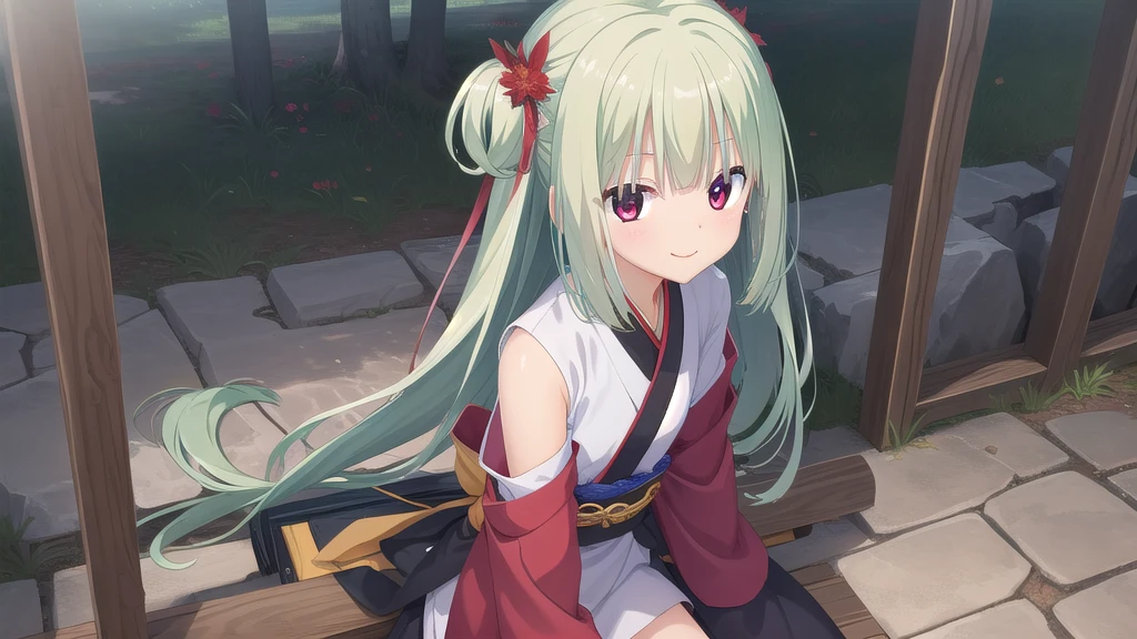 ((masterpiece)),(best quality),Official Art,Extremely detailed CG,Unity 8k Wallpaper,Super detailed,Beautiful and delicate eyes,Extremely detailed face,1 girl,solitary,,(whole body:1.5),(small:1.3),Smile,,Murasame,Very long hair,Green Hair,Face Up,Purple bow,hairpin,Side chains,Bangs,Red Eyes,Neck strap,Red belt,Elegant and beautiful，Cloud sleeve hanfu，The stone path is slanting up the cold mountain，Where white clouds appear, there are people。Parking to sit love Maple Forest late，Frost leaves are red in February flowers。