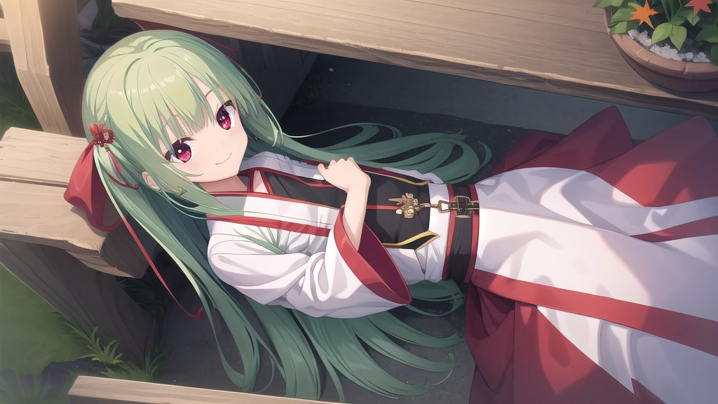 ((masterpiece)),(best quality),Official Art,Extremely detailed CG,Unity 8k Wallpaper,Super detailed,Beautiful and delicate eyes,Extremely detailed face,1 girl,solitary,,(whole body:1.5),(small:1.3),Smile,,Murasame,Very long hair,Green Hair,Face Up,Purple bow,hairpin,Side chains,Bangs,Red Eyes,Neck strap,Red belt,Elegant and beautiful,Cloud sleeve hanfu,The stone path is slanting up the cold mountain,Where white clouds appear, there are people。Parking to sit love Maple Forest late,Frost leaves are red in February flowers。