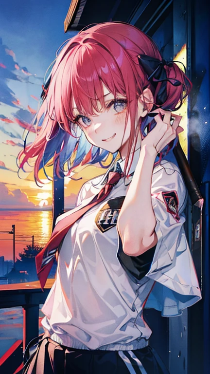 1 girl, whole body, Tie your hair at half height, Dark Redhead, Personality, restive, Bully, Bad boy, Grin, Sticking out tongue, Baseball bat on shoulder, There was an arrogant look on her face.