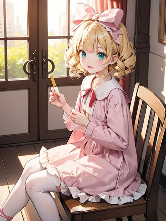 masterpiece, highest quality, Very detailed, 16k, Ultra-high resolution, Cowboy Shot, One 9-year-old girl, Detailed face, Perfect Fingers, Blonde, hair bow, ribbon, drill hair, green eyes, short hair, pink dress,white bloomers, white pantyhose, hinaichigo, Western-style building, table, Sit on a chair, Eat cake