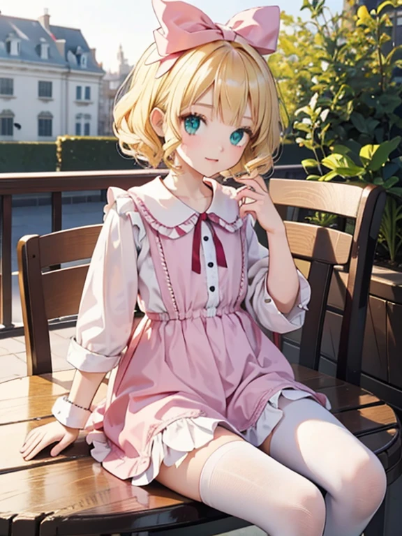 masterpiece, highest quality, Very detailed, 16k, Ultra-high resolution, Cowboy Shot, One 9-year-old girl, Detailed face, Perfect Fingers, Blonde, hair bow, ribbon, drill hair, green eyes, short hair, pink dress,white bloomers, white pantyhose, hinaichigo, Western-style building, table, Sit on a chair, Eat cake