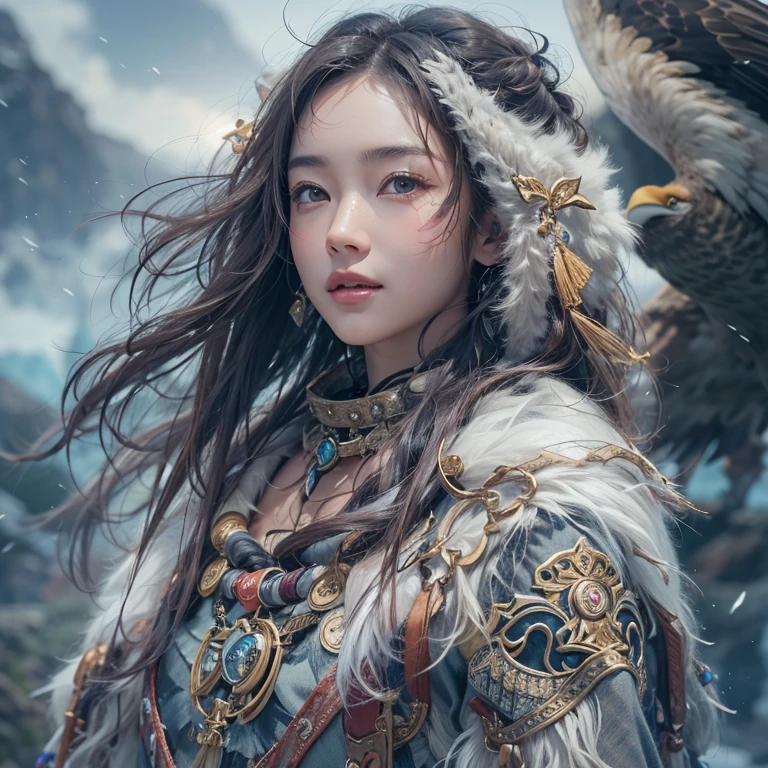 Hiding in the snowy mountains、Hair flow、 ((highest quality、masterpiece、8k、Best image quality、Ultra-high resolution、Award-winning works)、(Accurate anatomy:1.1)、(Look at me and smile:1.1)、Shining fair skin with Ultra-high resolution、The most detailed face、Ultra-high resolution detailed face、Ultra-high resolutionの髪の毛、(Ultra-high resolutionの煌めく瞳:1.1)、Beautiful face drawn in every detail、(Blurred Background:1.1)、Ancient Inuit clothing, Chest to chest, tattoo, Old ruins in the background、Apart from the real giant eagle