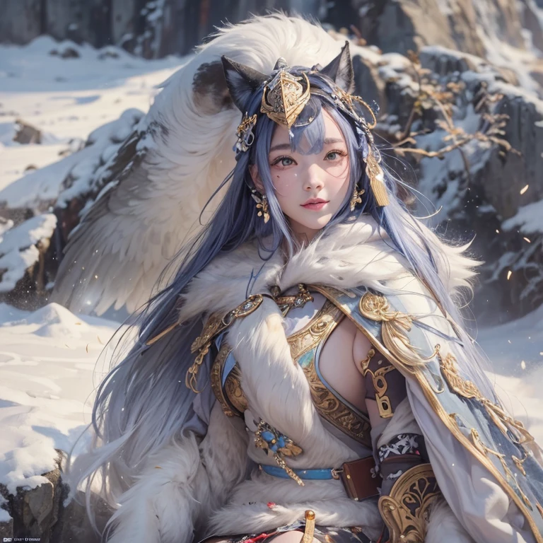 Hiding in the snowy mountains、Hair flow、 ((highest quality、masterpiece、8k、Best image quality、Ultra-high resolution、Award-winning works)、(Accurate anatomy:1.1)、(Look at me and smile:1.1)、Shining fair skin with Ultra-high resolution、The most detailed face、Ultra-high resolution detailed face、Ultra-high resolutionの髪の毛、(Ultra-high resolutionの煌めく瞳:1.1)、Beautiful face drawn in every detail、(Blurred Background:1.1)、Ancient Inuit clothing, Chest to chest, tattoo, Old ruins in the background、Apart from the real giant eagle