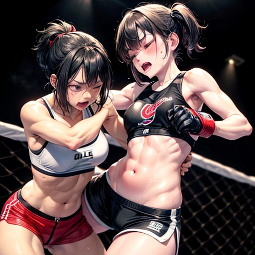 two persons. Drenched in sweat and covered in bruises, she is in a mixed martial arts ring against a female fighter. her opponent strong female fighter's fist is biting into her poor belly. One eye closed and mouth open, she is gasping for breath and drooling. She is a cute Japanese high school girl with short-cut black hair. She is wearing a sports bra, high-leg shorts, and open-finger gloves. Small breasts, poor belly, slender body, poor body.