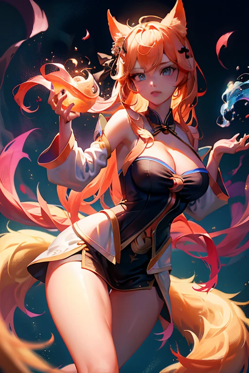 Ali, 1 Girl, absurd, Ali_\(alliance_of_legends\), animal_ear, 黑色of_hair, breast(((大breast、Low-cut，Cleavage, Wide hips,)))((长leg)),Hourglass figure, 分离of_sleeve, distributed, 臉部of_mark, fox_ear, fox_Tail, hand_up, High resolution, 大of_breast, alliance_of_legends, lexistg_hair, lexistg_sleeve, Watching_exist_Viewer, magic, 多种of_Tails, orange_Eye, separate_Lips, 独自of, permanent, permanent_exist_existe_leg, Tail