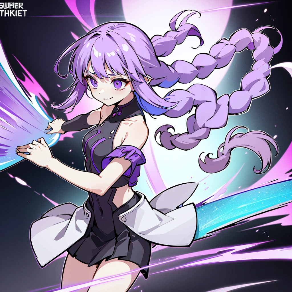 Movie Posters、Inji、1 girl、solo、Purple Eyes、Long Hair、Twin braids、Purple Hair、Multicolored Hair、Elbow Handbags、bangs、非常にLong Hair、Bare shoulders、Black Skirt、Gray Hair、dress、smile、Side cut-outs、Covered navel、Cut out the side、highest quality、Masterpiece、Official Art、16K、Super detailedな目、Super detailed、The best composition、Award-winning works、cyber punk、Vehicles of the Future、The speed of the vehicle、Purple light afterimage after running、