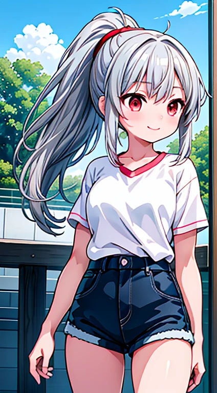 High resolution 8K, Browsing Caution, Bright lighting, Anime Style, Film Portrait Photography, 1 Female, Dynamic Angle, Dynamic pose, Narrow Face, a smile, smile, Beautiful woman, ((Sexy Woman)), (((Red eyes, Straight hair, ponytail, Silver Hair, Long Hair))), Woman in yellow shirt, Adult women, Wear shorts, Animated characters in a scene with a sky background, Your Name movie style, Stills in TV anime, yourname, fiona staples and makoto shinkai, makoto shinkai and bioware, guweiz and makoto shinkai, Anime stills, Animated film stills, Anime movie screenshots, (Natural skin texture and vivid details, Ultra-realistic)