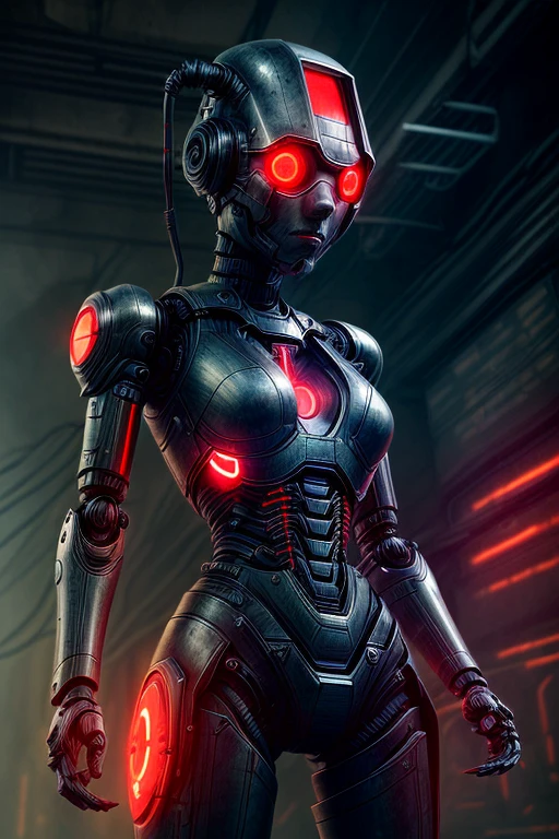 (best quality,realistic:1.37),1 robotic girl,red glowing eyes,dark factory,futuristic,cyborg,black clothing,torn clothing,industrial setting