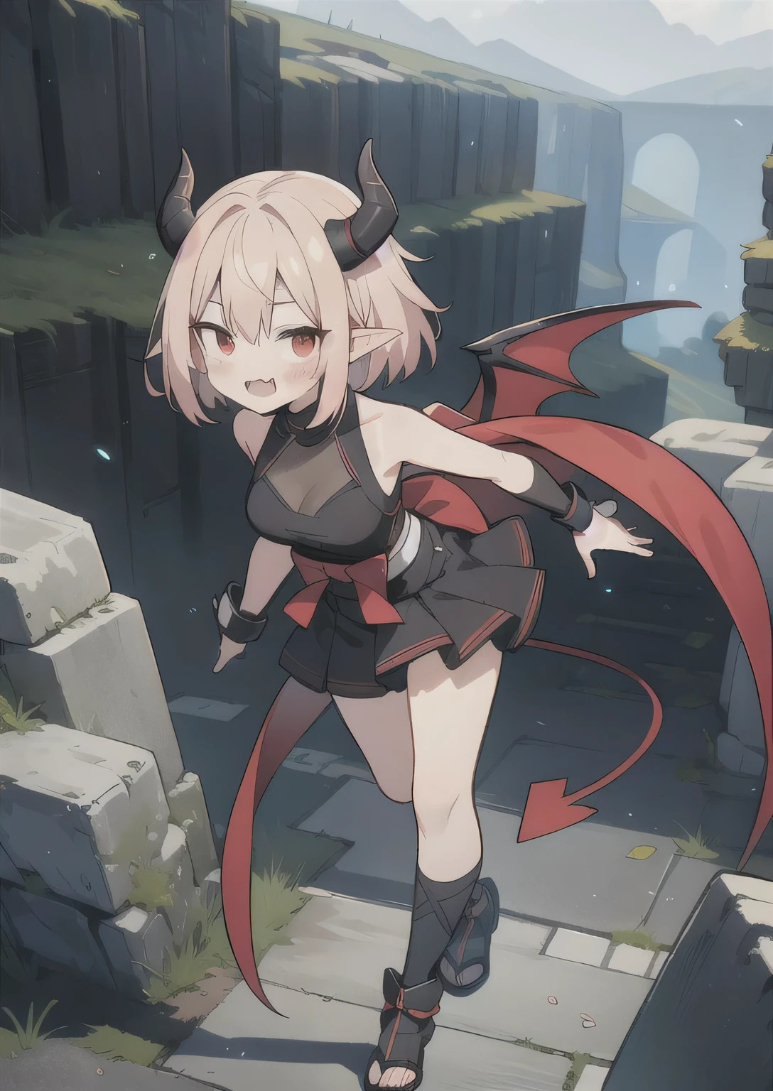 8K,  1girl, petit, adult, kawaii magical girl, crimson hair, short hair, red eyes, fang, bat wings, smile, (blush), (shy), pointed ears, looking at viewer,  dynamic angle, wind, game cg, fantastic scenery, demon tail, thin tail, black horns, medium breast, show full body, ninja, ninja outfit, kunoichi, fishnet, sexy, izuna, latex