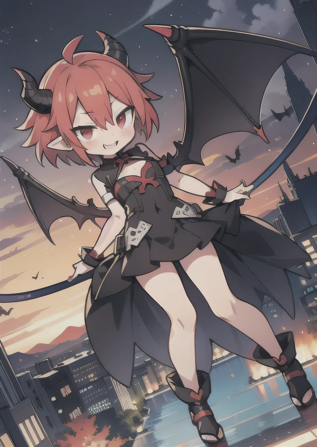 8K, femboy, petit, adult. kawaii vampire, crimson hair, short hair, red eyes, fang, bat wings, smile, (blush), (shy), pointed ears, looking at viewer, dynamic angle, wind, game cg, fantastic scenery, devil tail, demon tail, thin tail, black horns, medium breast, show full body, disgaea, nippon ichi, nis america, etna, laharl, flonn, anime, video game