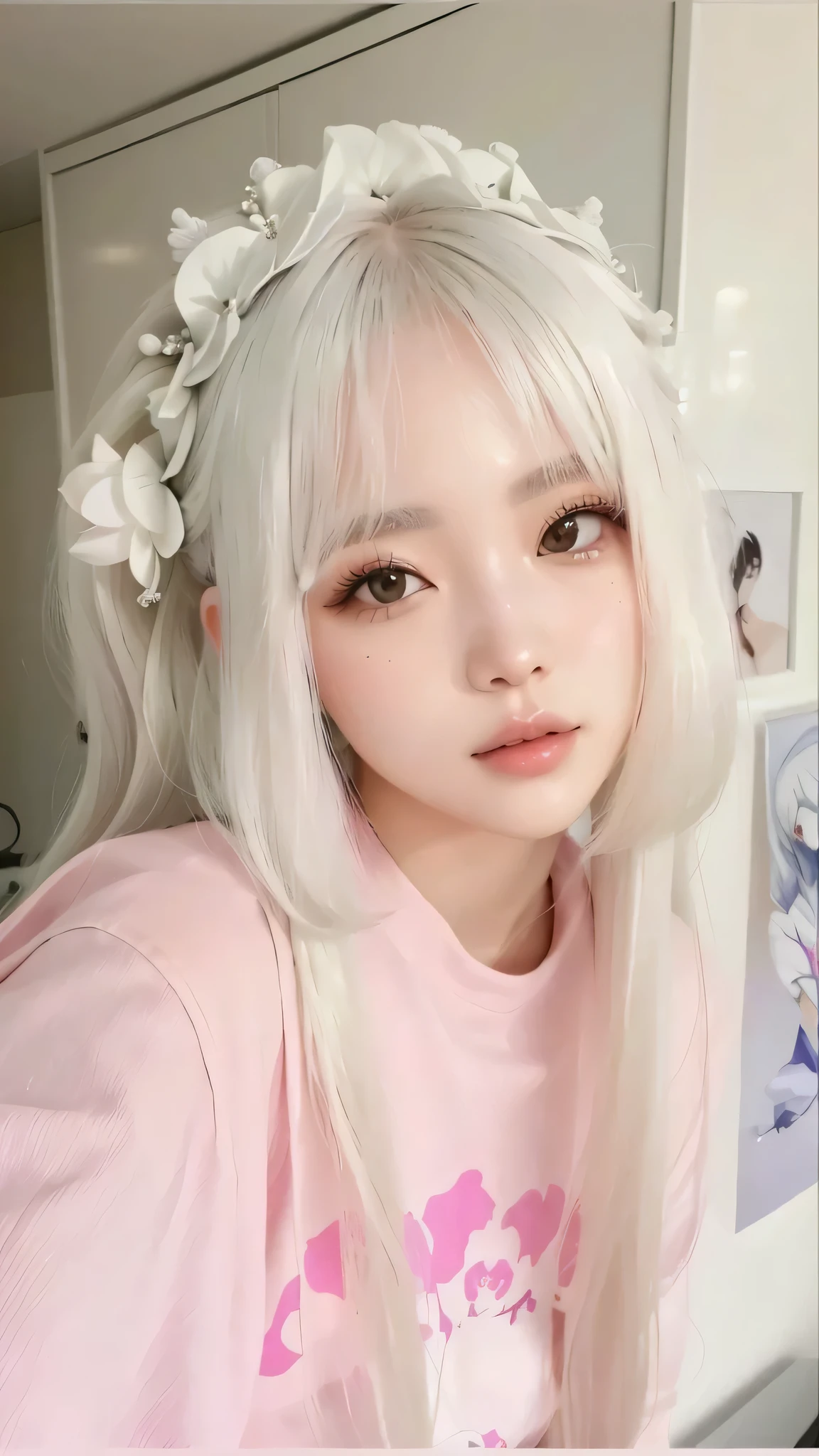 um close up de uma coreana com cabelos longos vestindo uma camisa rosa, penteado com corte hime branco, franja branca, retrato realista kawaii, longos cabelos brancos e franja, rosto de anime natural fofo, garota de anime na vida real, her hair is white, linda garota kawaii, rosto bonito de cabelo branco, Asian with white hair, garota coreana de cabelos brancos perfeita, com cabelos longos brancos, cabelo claro
