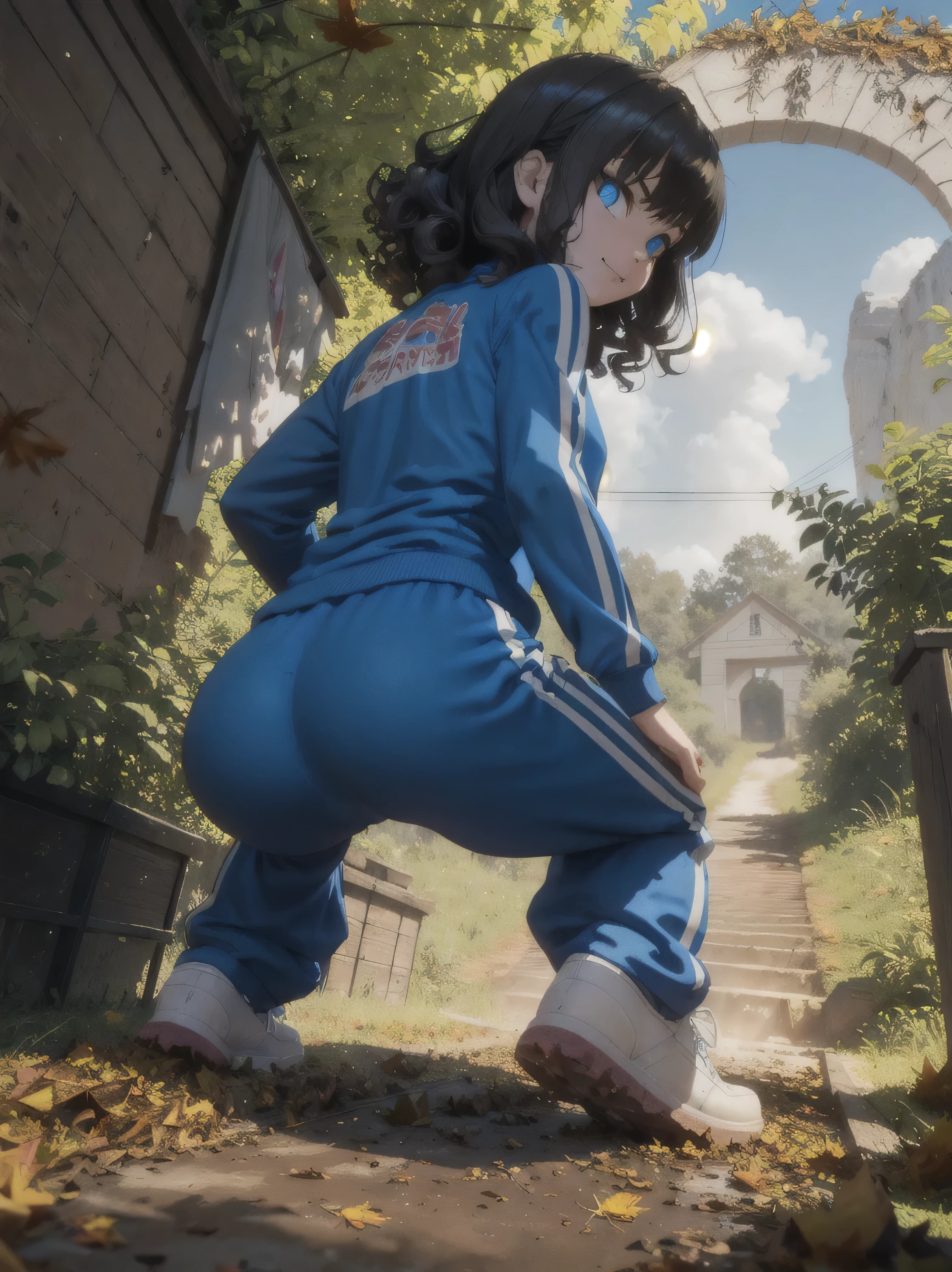 1girl,  angry,  curly hair, looking at viewer,(beautiful detailed blue eyes), (Persona:1.2),,  spread legs,(amagi_yukiko), squatting, (over size Colorful track suit pants),(), line off, smile, (((highlight in eyes))), (((small mat))), (((Narrow gravel road))), (thick outline), Mud road, ((Crouch on a muddy doormat)), (glowing eyes), (((Arch your back))), (from below:1.5), long weeds, (from behind:1.3), blue sky, (Stepping on fallen leaves:1.6), (A large amount of fallen leaves stuck to the soles of shoes:1.1),(3D:1.3)