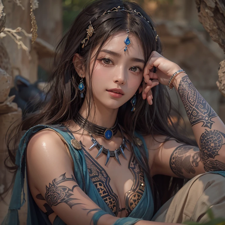 Hiding in the desert、Hair flow、 ((highest quality、masterpiece、8k、Best image quality、Ultra-high resolution、Award-winning works)、(Accurate anatomy:1.1)、(Look at me and smile:1.1)、Shining fair skin with Ultra-high resolution、The most detailed face、Ultra-high resolution detailed face、Ultra-high resolutionの髪の毛、(Ultra-high resolutionの煌めく瞳:1.1)、Beautiful face drawn in every detail、(Blurred Background:1.1)、Ancient Islamic clothing, Chest to chest, tattoo, Old ruins in the background、Sitting black panther 