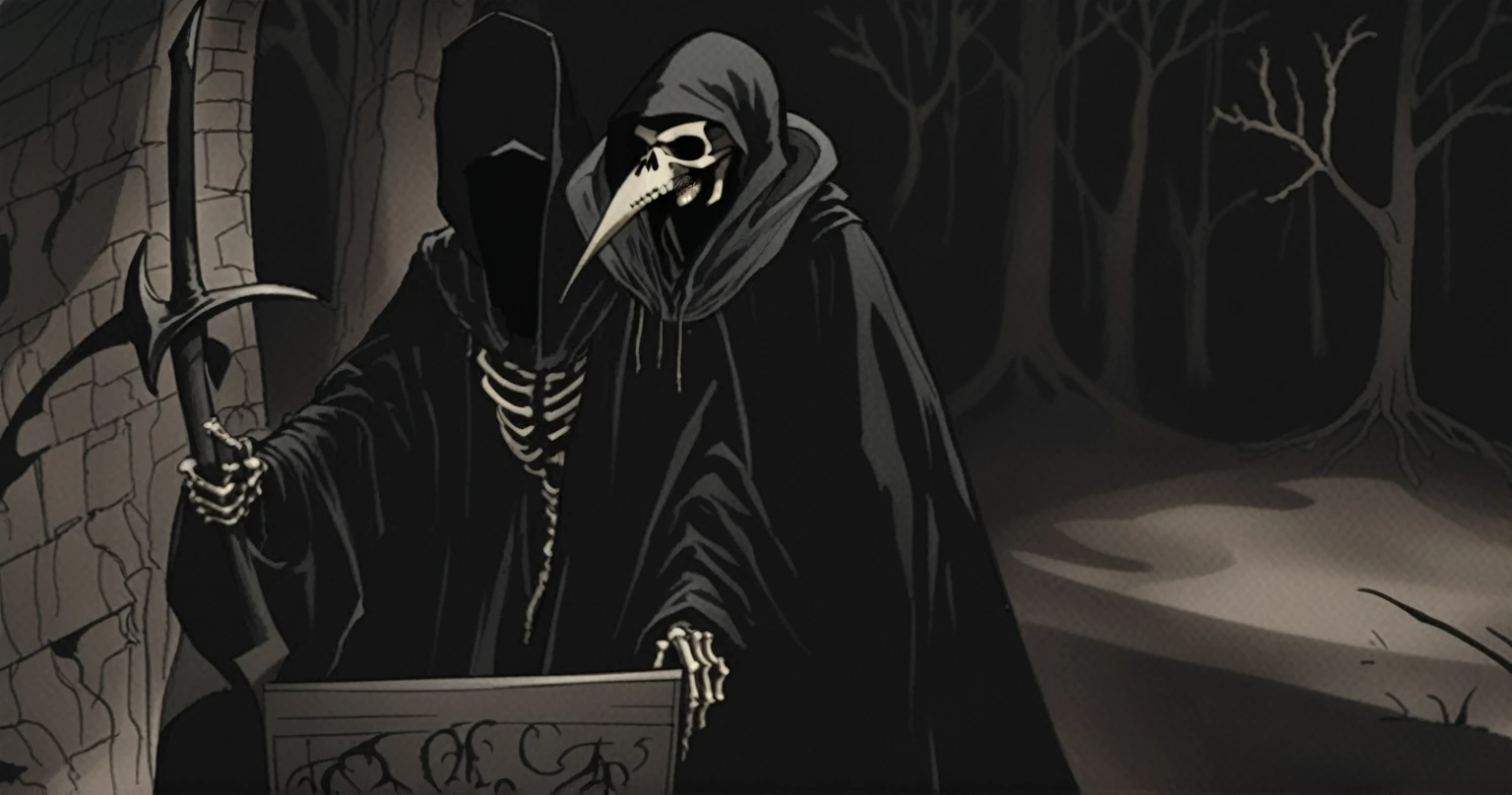 Grim Reaper, scythe, darkness, Black, blackout, black tones, black hues, black color scale, emerging from darkness, Grim Reaper plague doctor, unsettling, hand drawn, realism, rotoscope, cinematic, strange, figure that represents death, often depicted as a skeleton in a black cloak and hood, carrying a scythe. subliminal hourglass homage
