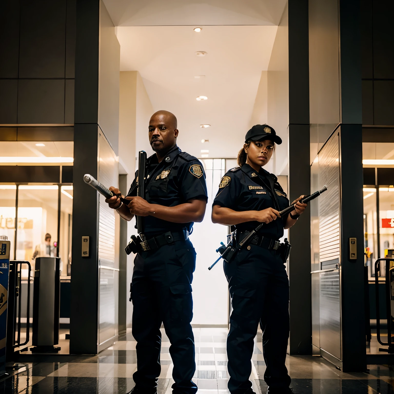 Couple security guard stand and holding baton police with fire on backround