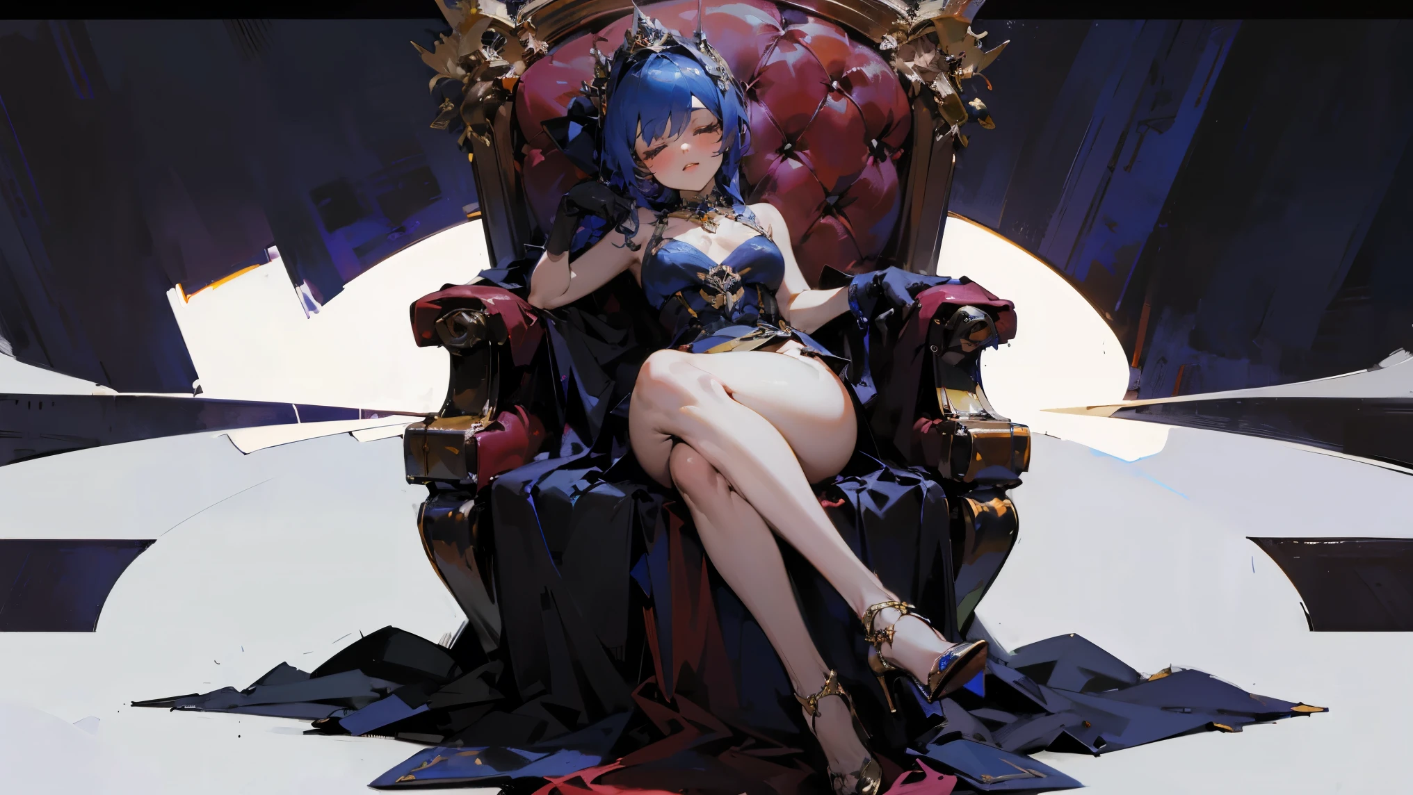 ((best quality)), Jewelry Package)),((1 Obese girl))From the back,Cross your legs,Dark blue hair,Sleeping on the throne,Metal high heels,((Gloves)),(Nikolai Fehin),( Fisher, ),The background is a banquet,Luxurious,Drinks,Food in hand
