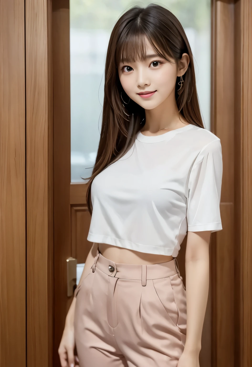 (masterpiece, best quality:1.1), (8k, raw photo, photo realistic:1.2, f22), (shiny skin), detailed skin,long hair,ribbon,detailed face, detailed eyes,smile,BREAK, real world, intricate details, smil, BREAK, 1girl, full body,(short sleeve,pants,pink)BREAK, (door:1.4)