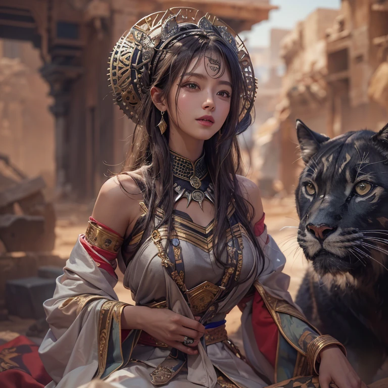 Hiding in the desert、Hair flow、 ((highest quality、masterpiece、8k、Best image quality、Ultra-high resolution、Award-winning works)、(Accurate anatomy:1.1)、(Look at me and smile:1.1)、Shining fair skin with Ultra-high resolution、The most detailed face、Ultra-high resolution detailed face、Ultra-high resolutionの髪の毛、(Ultra-high resolutionの煌めく瞳:1.1)、Beautiful face drawn in every detail、(Blurred Background:1.1)、Ancient Islamic clothing, Chest to chest, tattoo, Old ruins in the background、Sitting black panther