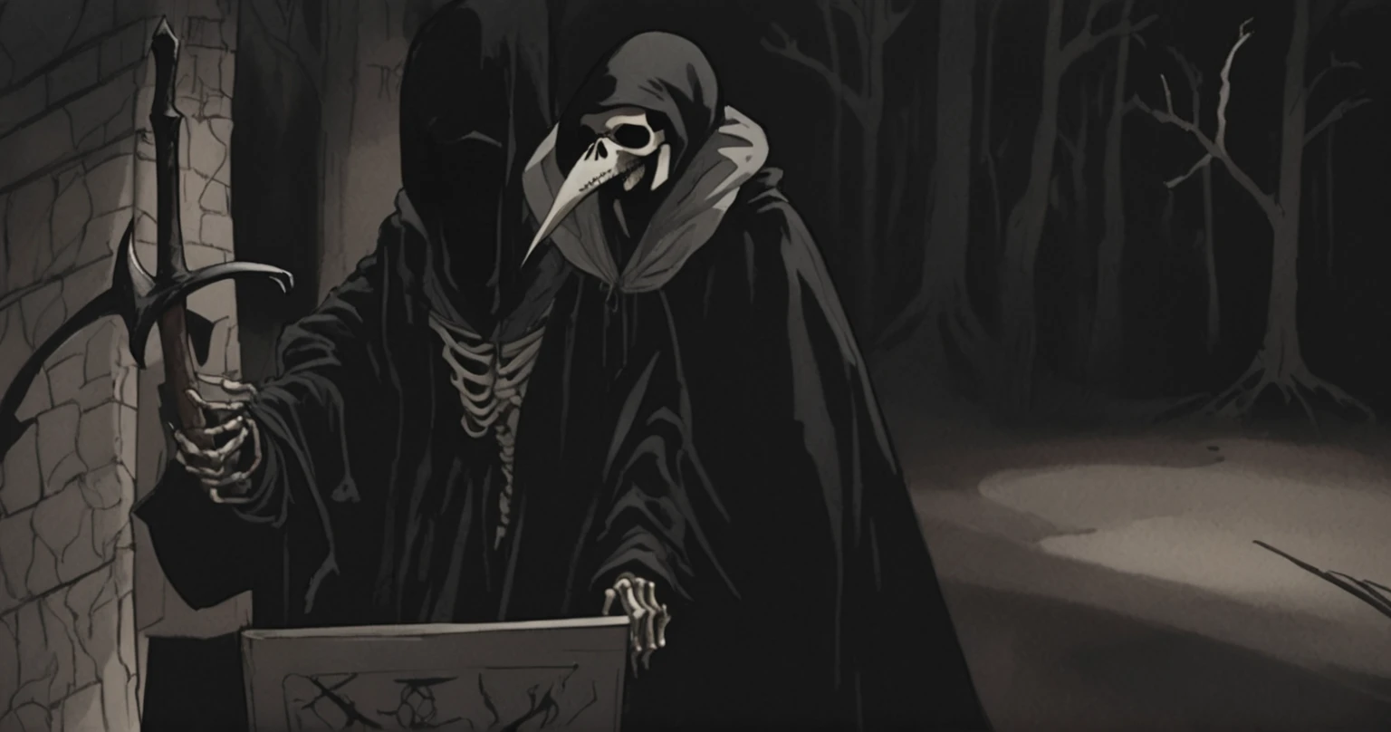 Grim Reaper, scythe, darkness, Black, blackout, black tones, black hues, black color scale, emerging from darkness, Grim Reaper plague doctor, unsettling, hand drawn, realism, rotoscope, cinematic, strange, figure that represents death, often depicted as a skeleton in a black cloak and hood, carrying a scythe. subliminal hourglass homage
