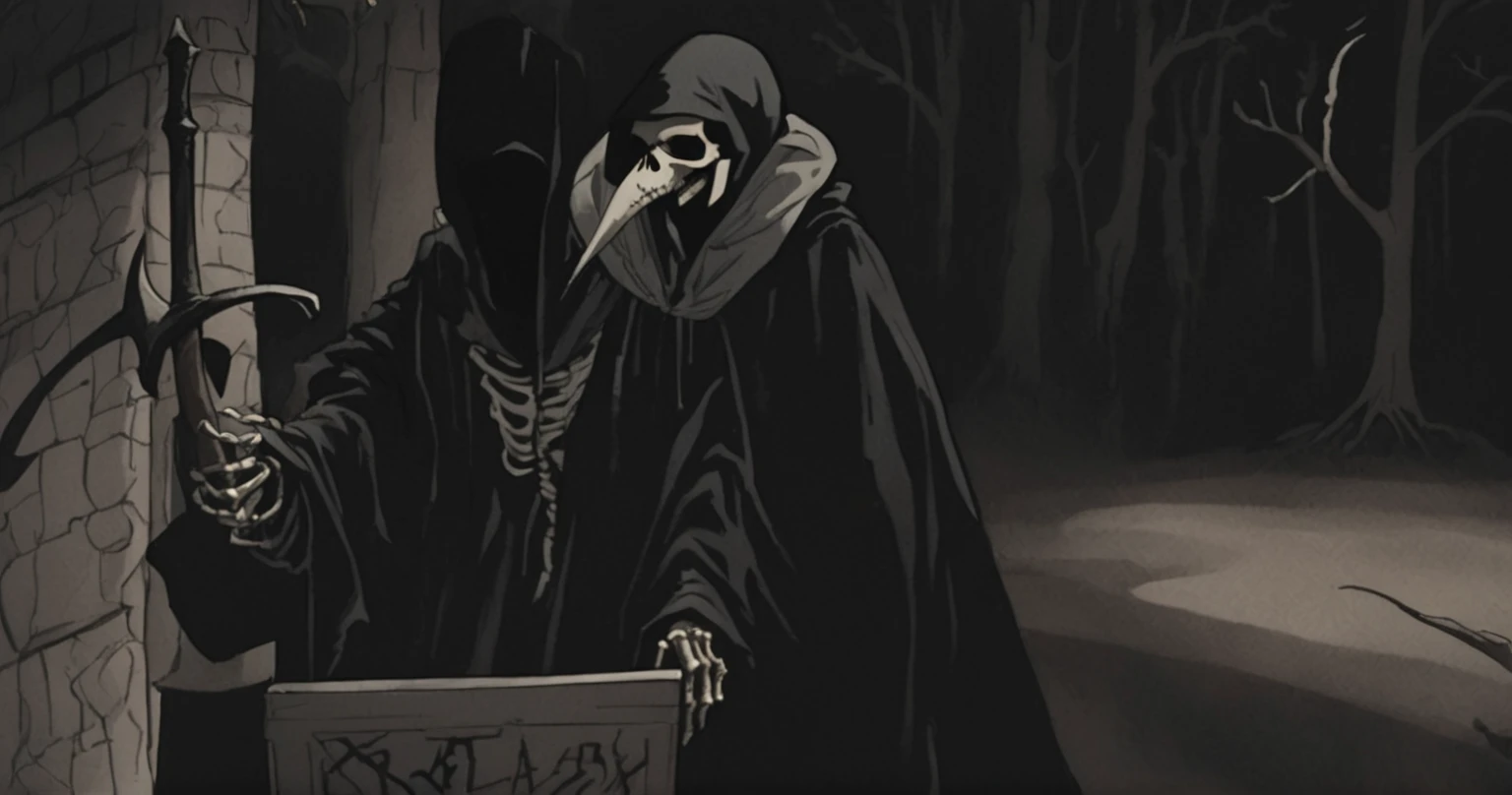 Grim Reaper, scythe, darkness, Black, blackout, black tones, black hues, black color scale, emerging from darkness, Grim Reaper plague doctor, unsettling, hand drawn, realism, rotoscope, cinematic, strange, figure that represents death, often depicted as a skeleton in a black cloak and hood, carrying a scythe. subliminal hourglass homage
