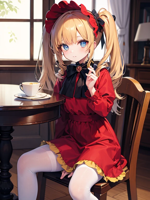 masterpiece, highest quality, Very detailed, 16k, Ultra-high resolution, Cowboy Shot, One 8-year-old girl, Detailed face, Perfect Fingers, Golden Eyes, Blonde,  Original Costume, Twin tails, bonnet、Red dress、White pantyhose cup、Black shoes, Western-style building, table, Sit on a chair, Eat cake