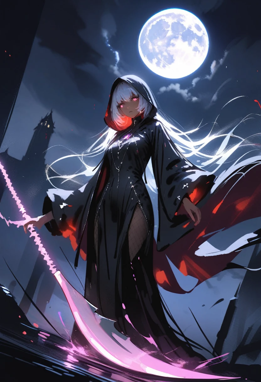 grim reaper, ((dark skin)), robe, dramatic lighting, scythe, menacing aura, eerie background, windy , full moon, haze, foggy, depth of field, detailed features, mystical atmosphere, haunting eyes, glowing eyes, phantom-like figure, cryptic_g, masterpiece, best quality, amazing quality, very aesthetic, absurdres, by gawako, by rella, by wlop