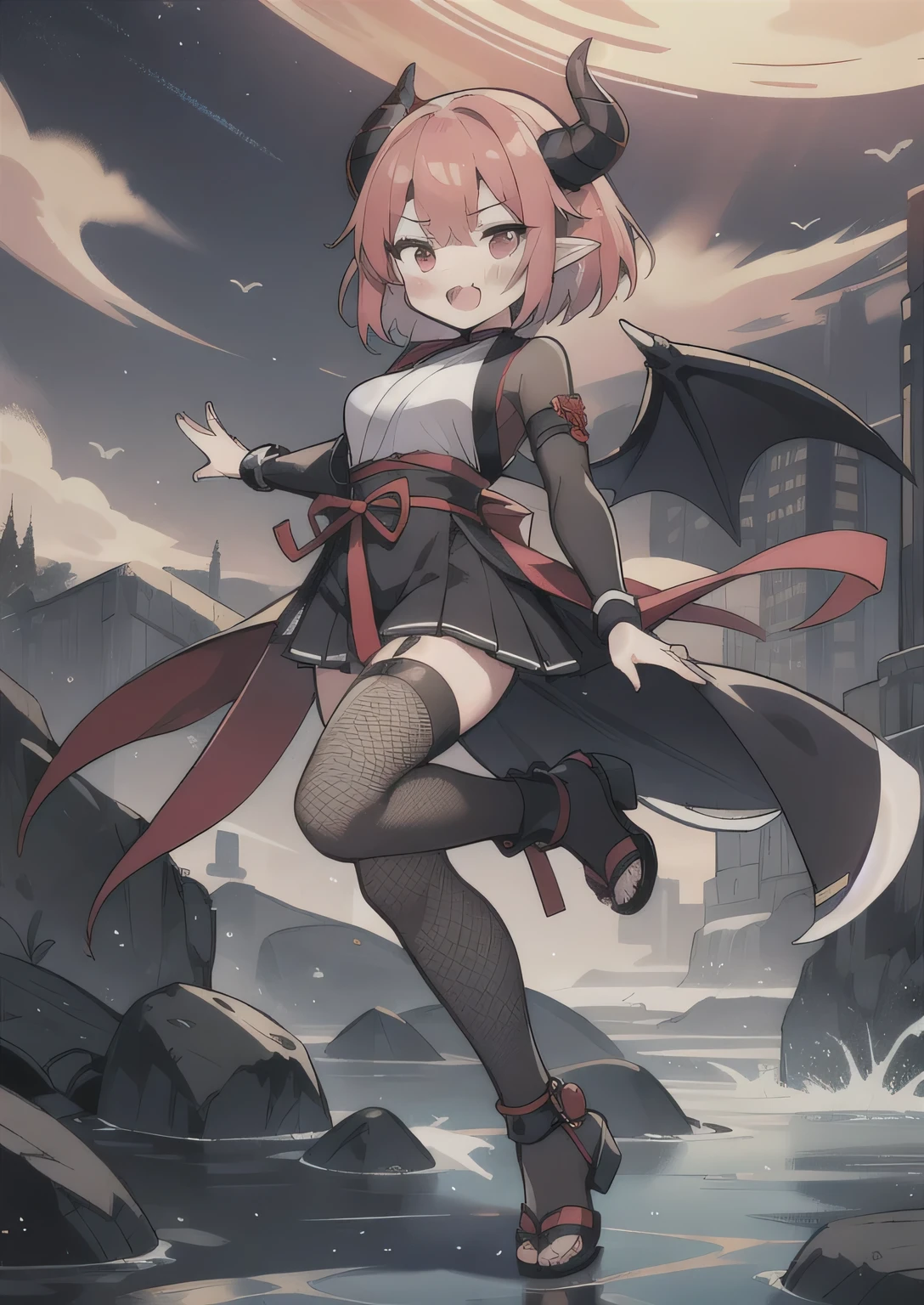 8K,  1girl, petit, adult, kawaii magical girl, crimson hair, short hair, red eyes, fang, bat wings, smile, (blush), (shy), pointed ears, looking at viewer,  dynamic angle, wind, game cg, fantastic scenery, demon tail, thin tail, black horns, medium breast, show full body, ninja, ninja outfit, kunoichi, fishnet, sexy, izuna, latex