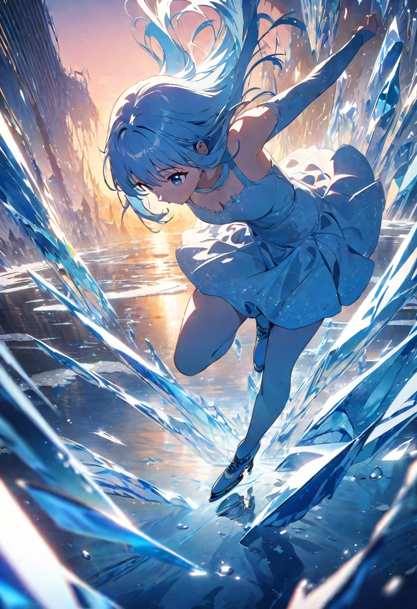 ice skater at sunset, anime girl with light blue hair and blue eyes, in a short dress and ice skates, gliding on ice, abstract, colors (blue and silver), scenic, masterpiece, best quality, cinematic lighting, reflection, ice, shade, shadows, wallpaper, very detailed, illustration