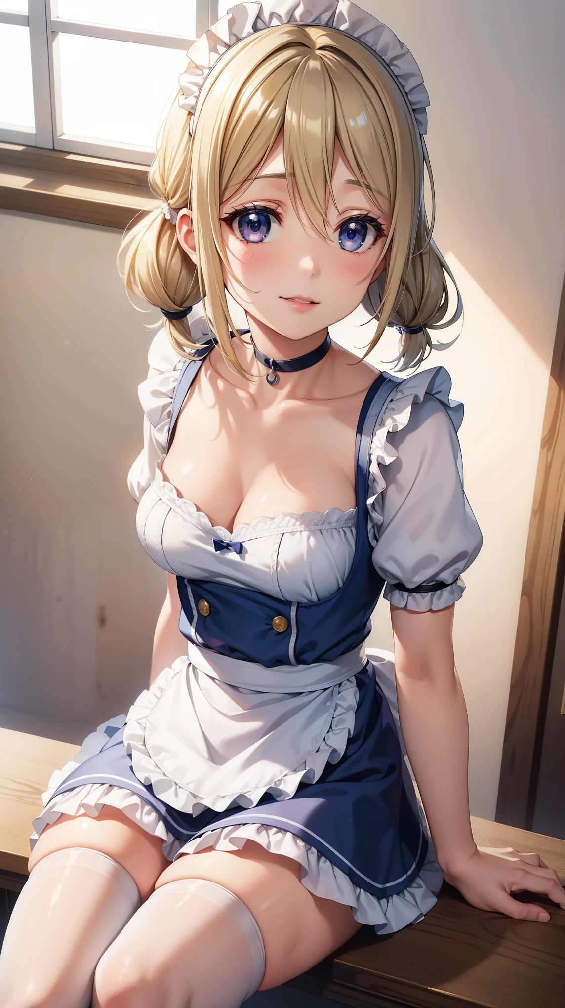 1girl, natural lighting, masterpiece, highly detailed, illustration, game CG, absurdres, high quality, beautiful detailed eyes, glossy lips, natural lighting, medium breasts, blonde hair, low twintails, bangs, hair between eyes, arisa ayase, aahiyori, maid, short puffy sleeves, white thigh highs, small maid apron, short hair, choker, collarbone, cleavage, light smile