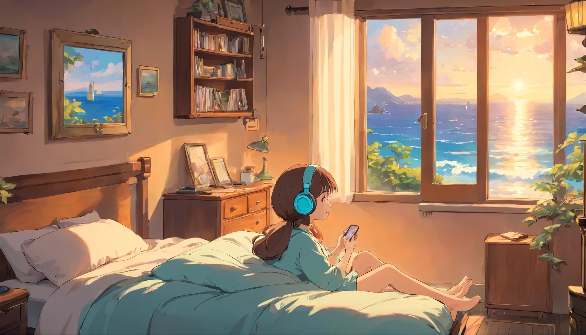 Girl listening to music while relaxing in bed in a cozy room, Use headphones, Anime-style 2D, Lo-Fi, Summer Afternoon,View of the sea from the window