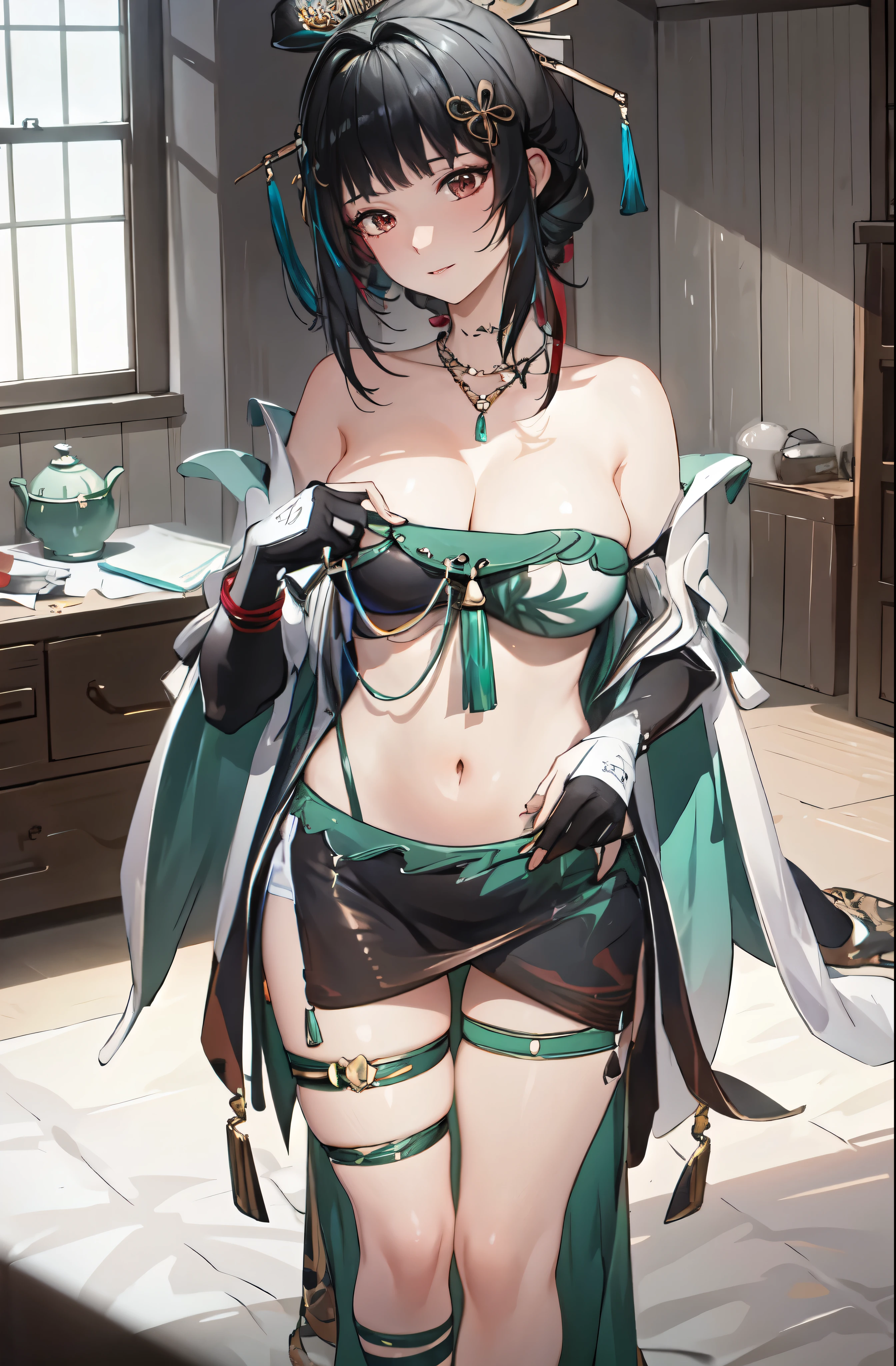masterpiece, best quality BREAK solo, china dress, highres, Super detailed, very detailed, highest quality, best quality, super detailed, 1girl, standing, (large breasts), mature female, hanying, Full body drawing, (masterpiece), (best quality), (hyperdetail), (illustration), ((extremely delicate and beautiful)), (detailed light), (prefect's body), full body drawing, Hanying, HanYing, sexy, sexy belly, sexy belly line, sexy belly button