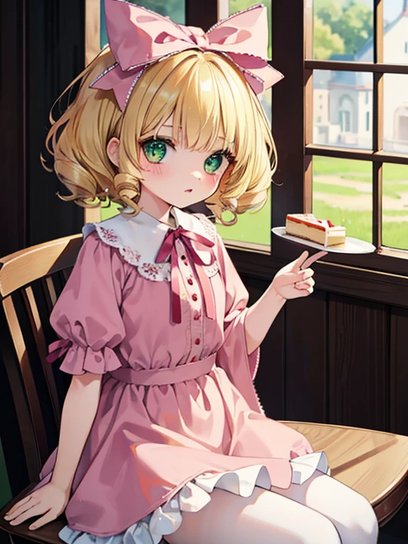 masterpiece, highest quality, Very detailed, 16k, Ultra-high resolution, Cowboy Shot, One 7-year-old girl, Detailed face, Perfect Fingers, Blonde, hair bow, ribbon, drill hair, green eyes, short hair, pink dress,white bloomers, white pantyhose, hinaichigo, Western-style building, table, Sit on a chair, Eat cake