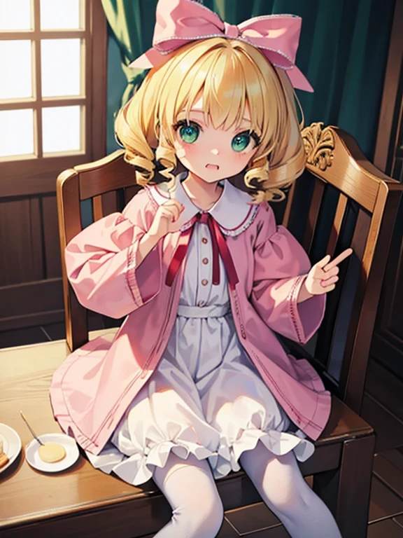 masterpiece, highest quality, Very detailed, 16k, Ultra-high resolution, Cowboy Shot, One 7-year-old girl, Detailed face, Perfect Fingers, Blonde, hair bow, ribbon, drill hair, green eyes, short hair, pink dress,white bloomers, white pantyhose, hinaichigo, Western-style building, table, Sit on a chair, Eat cake