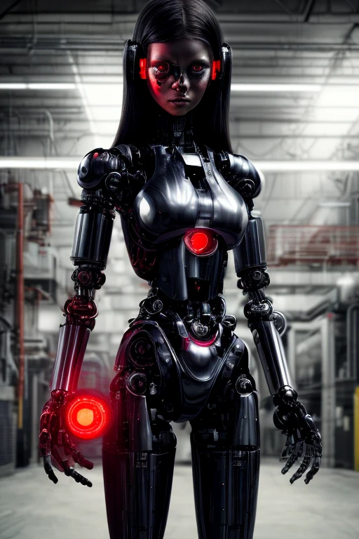 (highres,masterpiece:1.2),(realistic,photo-realistic:1.37),futuristic robotic girl,with red glowing eyes,in a dark factory, wearing black and torn clothing, in an industrial setting. She looks like a beautiful human, but has cyborg features, chica con brazos robotic 