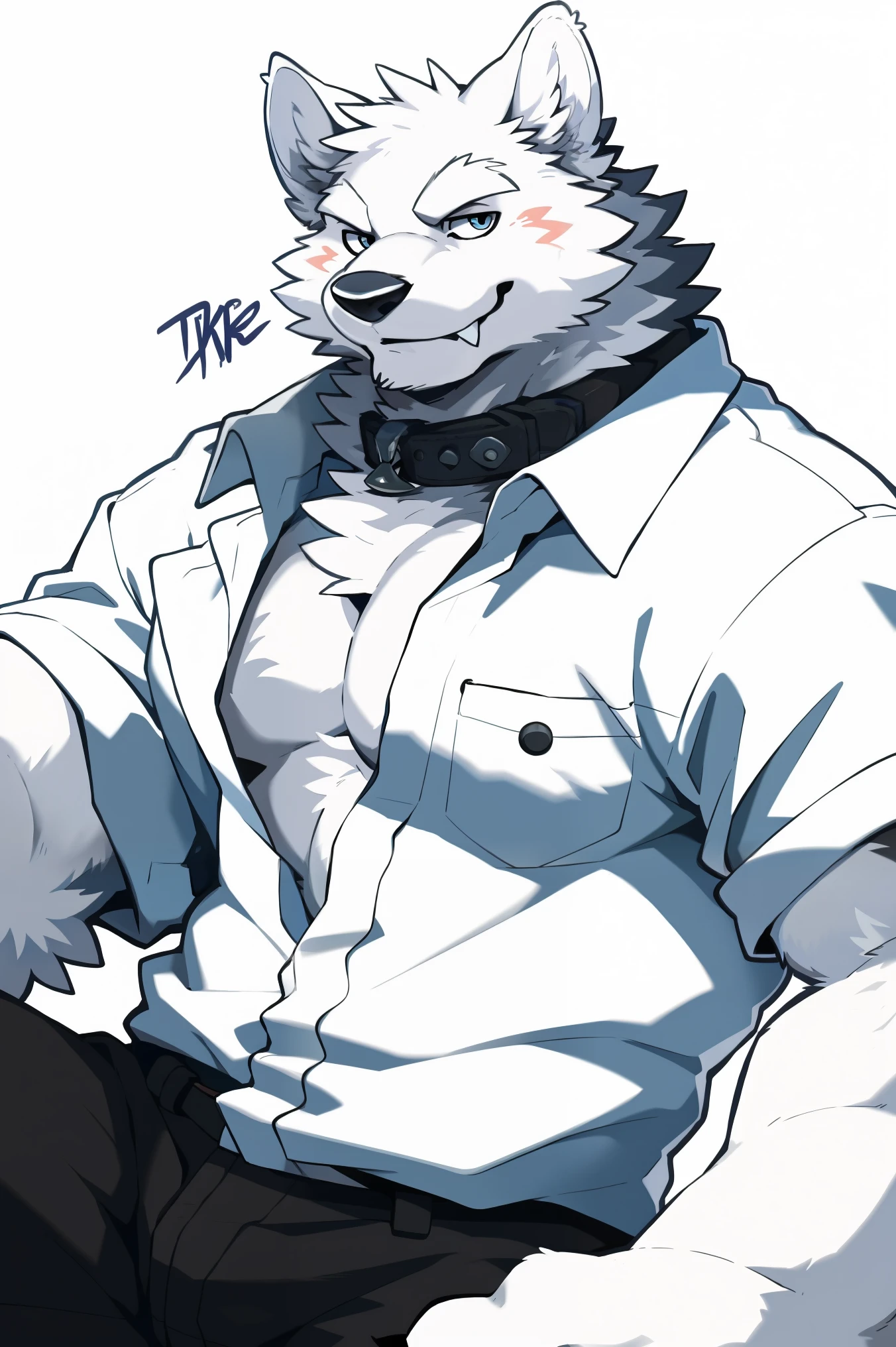 snow wolf, ((all white fur:1.5)), solo, Perfect sky blue eyes, Collar, (Wearing a white shirt|Wearing black casual pants), (artist:Takemoto Arashi), Look at the audience, Mature face, elder, Simple background, naughty face, glint, longeyelashes, (fang out:1.5), (Clear facial details), seductive smile, Unbutton all shirt buttons, from side, Tonalism, tachi-e, best quality, UHD, super detail, high details