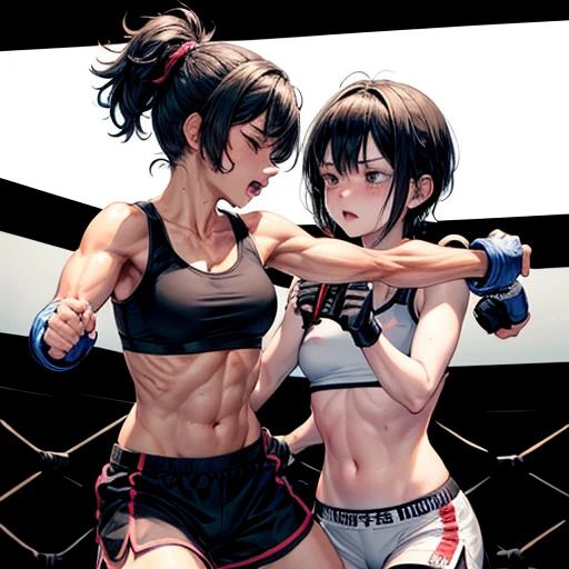 two persons. Drenched in sweat and covered in bruises, she is in a mixed martial arts ring against a female fighter. her opponent strong female fighter is punching into her poor belly. One eye closed and mouth open, she is gasping for breath and drooling. She is a cute Japanese high school girl with short-cut black hair. She is wearing a sports bra, high-leg shorts, and open-finger gloves. Small breasts, poor belly, slender body, poor body.