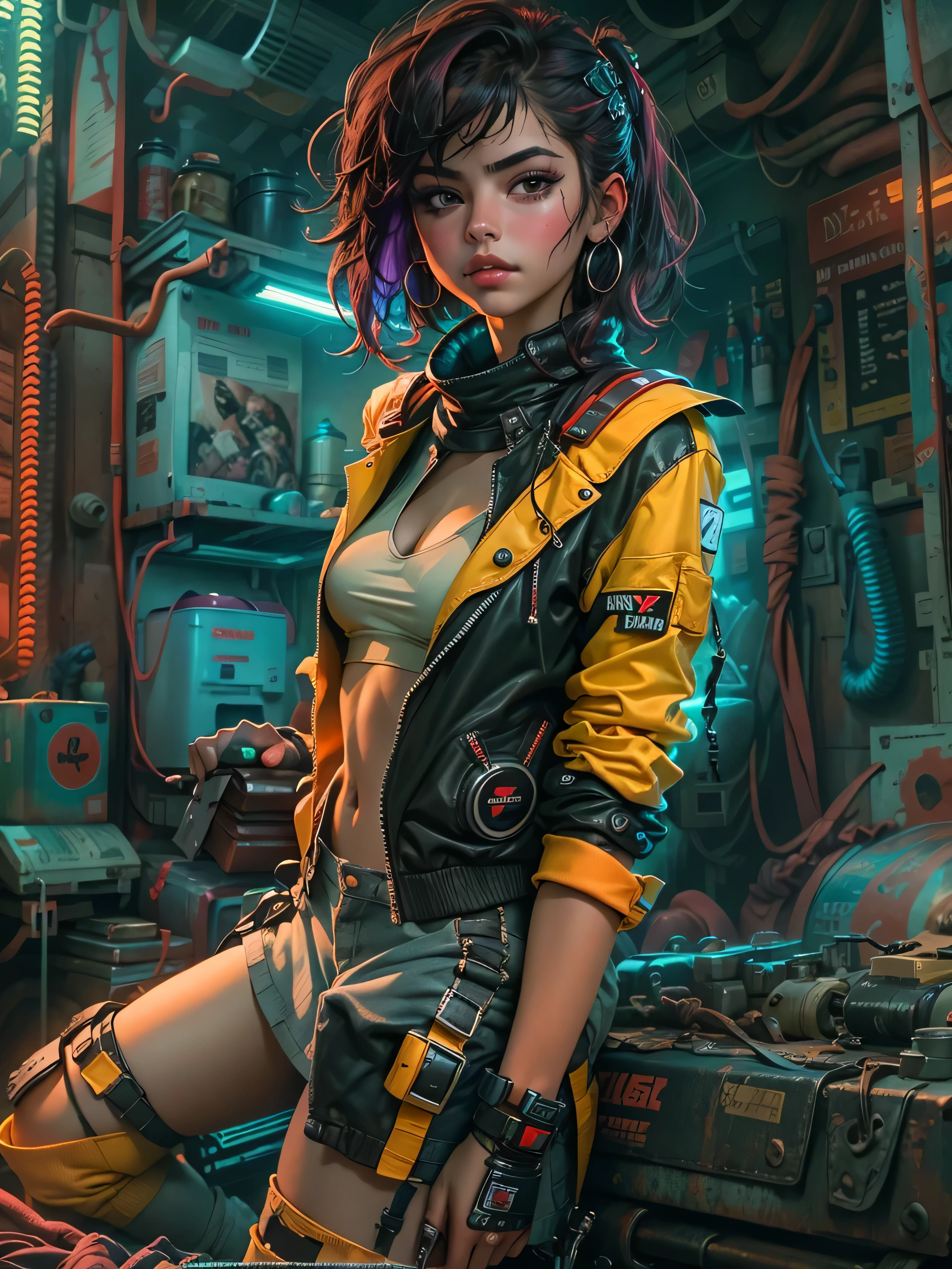 motor irreal:1.4,CG K ultrarrealista, fotorrealista:1.4, textura de la piel:1.4, obra maestra:1.4,Hermosa selena gomez con lingeries  babydoll、Ropa corta estilo cyberpunk color amarillo, pantimedias red , Mini falda azul,