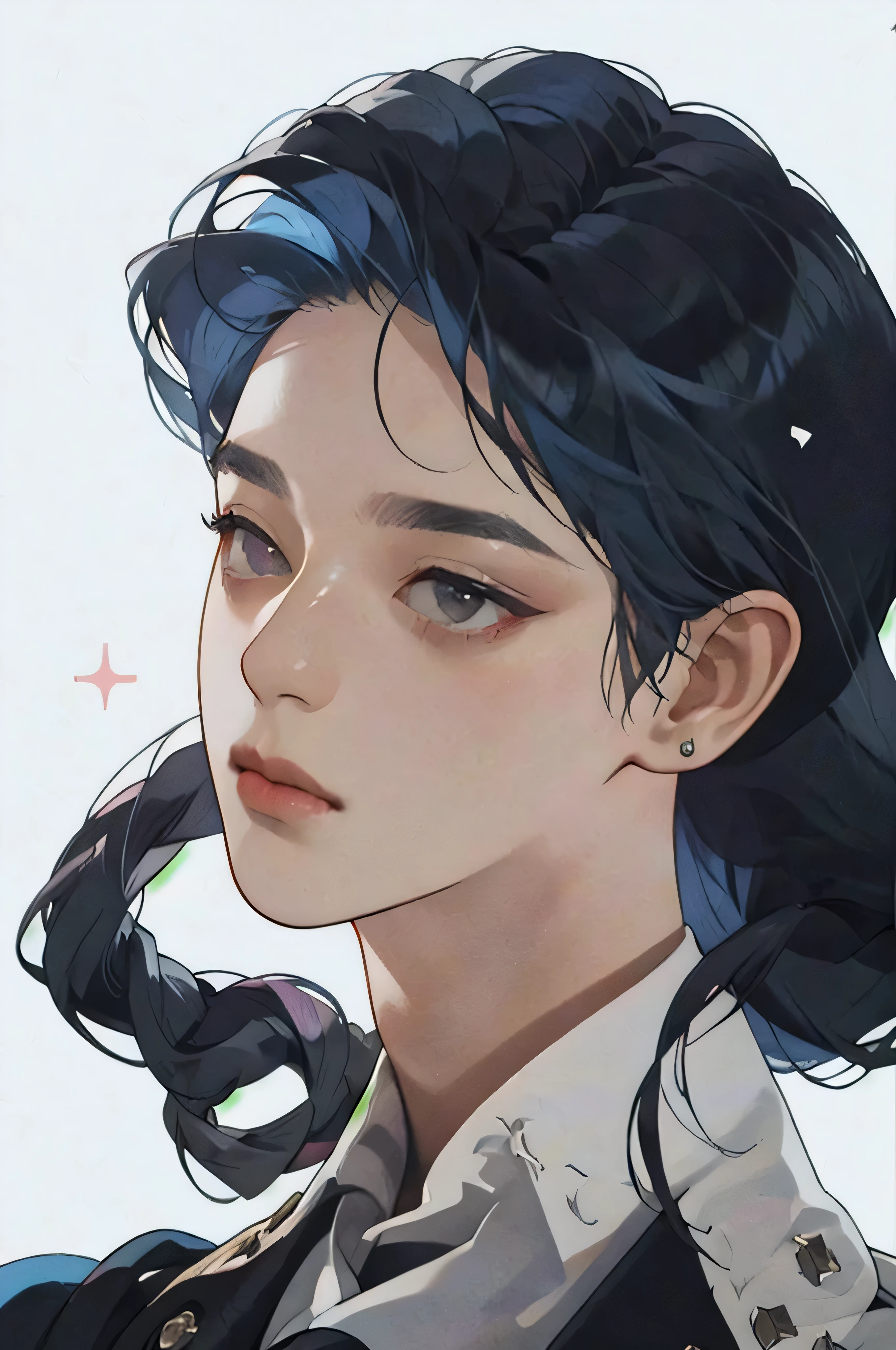 Masterpiece, Best Quality, High Resolution, (White Background: 1.4), [Glitter], [Looking at the Viewer, Portrait, 1 Sweet Chinese boy], (Long Hair, Blue Hair, Wavy Curls, Multicolored Twisted Big Braid: 1.3, Furry Fox Ears, Air Bangs), White shirt, Short Sleeves, Delicate Facial Features, Pink Lips, Earrings, Necklace, ((masculine)), crisp lines, art by Gearous; ((focus on face))