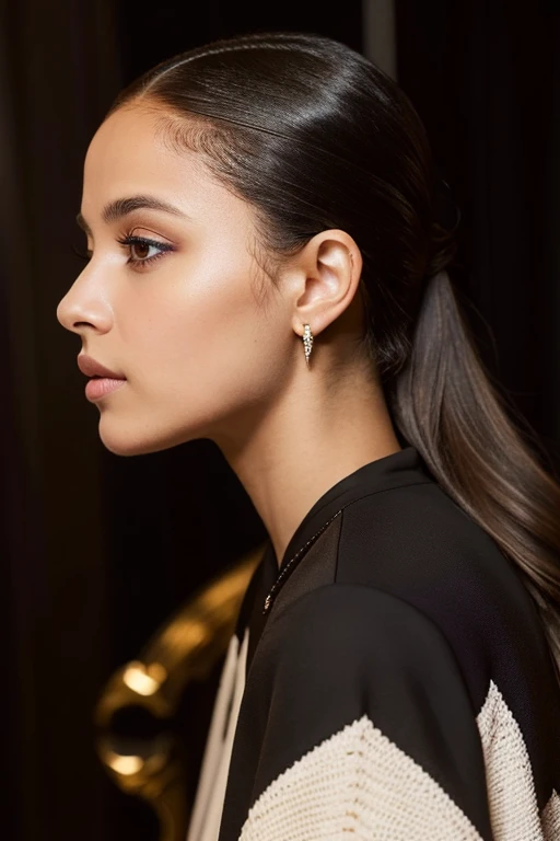 Arabian woman in a black shirt and black jacket, Portrait of Sophie Mudd, Young woman taking a selfie, Inspired by Tessa Thompson, Professional Makeup, Shine, profile image, Sexy face with full makeup, finely detailed perfect face, Sexy look, Perfectly lit face, Profile photo, White skin, Ayahuasca, Brown Skin