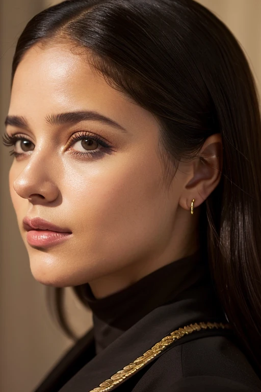 Arabian woman in a black shirt and black jacket, Portrait of Sophie Mudd, Young woman taking a selfie, Inspired by Tessa Thompson, Professional Makeup, Shine, profile image, Sexy face with full makeup, finely detailed perfect face, Sexy look, Perfectly lit face, Profile photo, White skin, Ayahuasca, Brown Skin