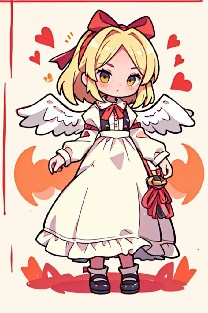 masterpiece, best quality, 1girl, solo, 10 years old, medium blonde hair, forehead visible bangs, hair flaps, ribbon on head, well-formed face, blonde eyes, angel girl, nehru collar, white blouse, long sleeves, red ribbon, angel wings, red thick suspenders, long white skirt, long maxi-skirt, very long skirt, wide shot, full body shot, simple background