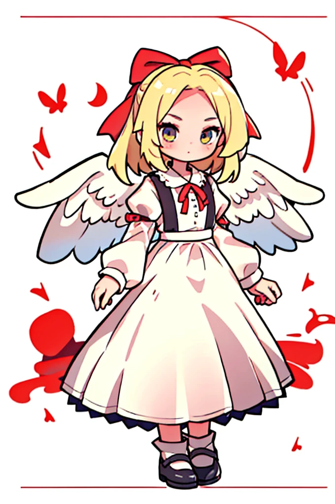 masterpiece, best quality, 1girl, solo, , medium blonde hair, forehead visible bangs, hair flaps, ribbon on head, well-formed face, blonde eyes, angel girl, nehru collar, white blouse, long sleeves, red ribbon, angel wings, red thick suspenders, long white skirt, long maxi-skirt, very long skirt, wide shot, full body shot, simple background