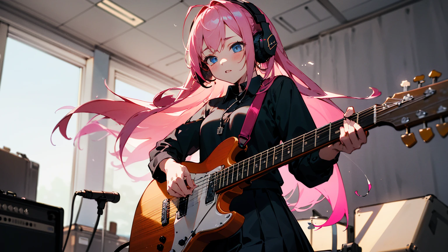 ((masterpiece,best quality)),1girl, solo, black skirt, blue eyes, electric guitar, guitar, headphones, holding, holding plectrum, instrument, long hair, , music, one side up, pink hair, playing guiter, pleated skirt, black shirt, indoors