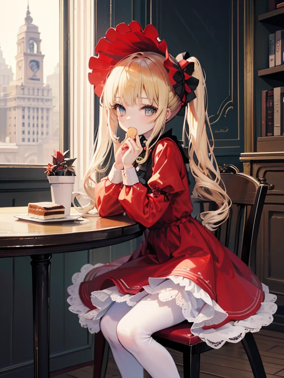 masterpiece, highest quality, Very detailed, 16k, Ultra-high resolution, Cowboy Shot, One ***************, Detailed face, Perfect Fingers, Golden Eyes, Blonde,  Original Costume, Twin tails, bonnet、Red dress、White pantyhose cup、Black shoes, Western-style building, table, Sit on a chair, Eat cake