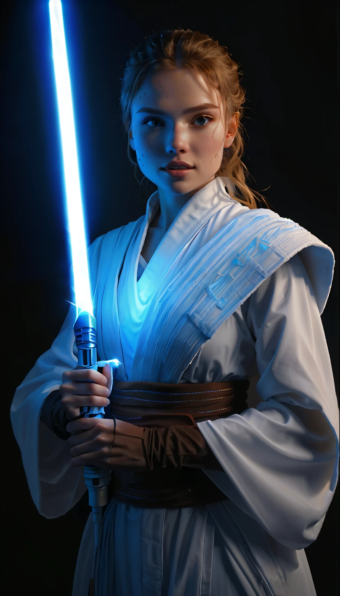 a woman in a white robe holding a blue lightsaber, Jedi femenino, Sosteniendo el sable de luz 4 k, Jedi con sable de luz, sosteniendo un sable de luz azul, sosteniendo un sable de luz rojo, con espada sable de luz, personaje de guerra de las galaxias, sosteniendo un sable de luz activado, con sable de luz, sosteniendo un sable de luz, sosteniendo un sable de luz, Sosteniendo el sable de luz, mara jade skywalker