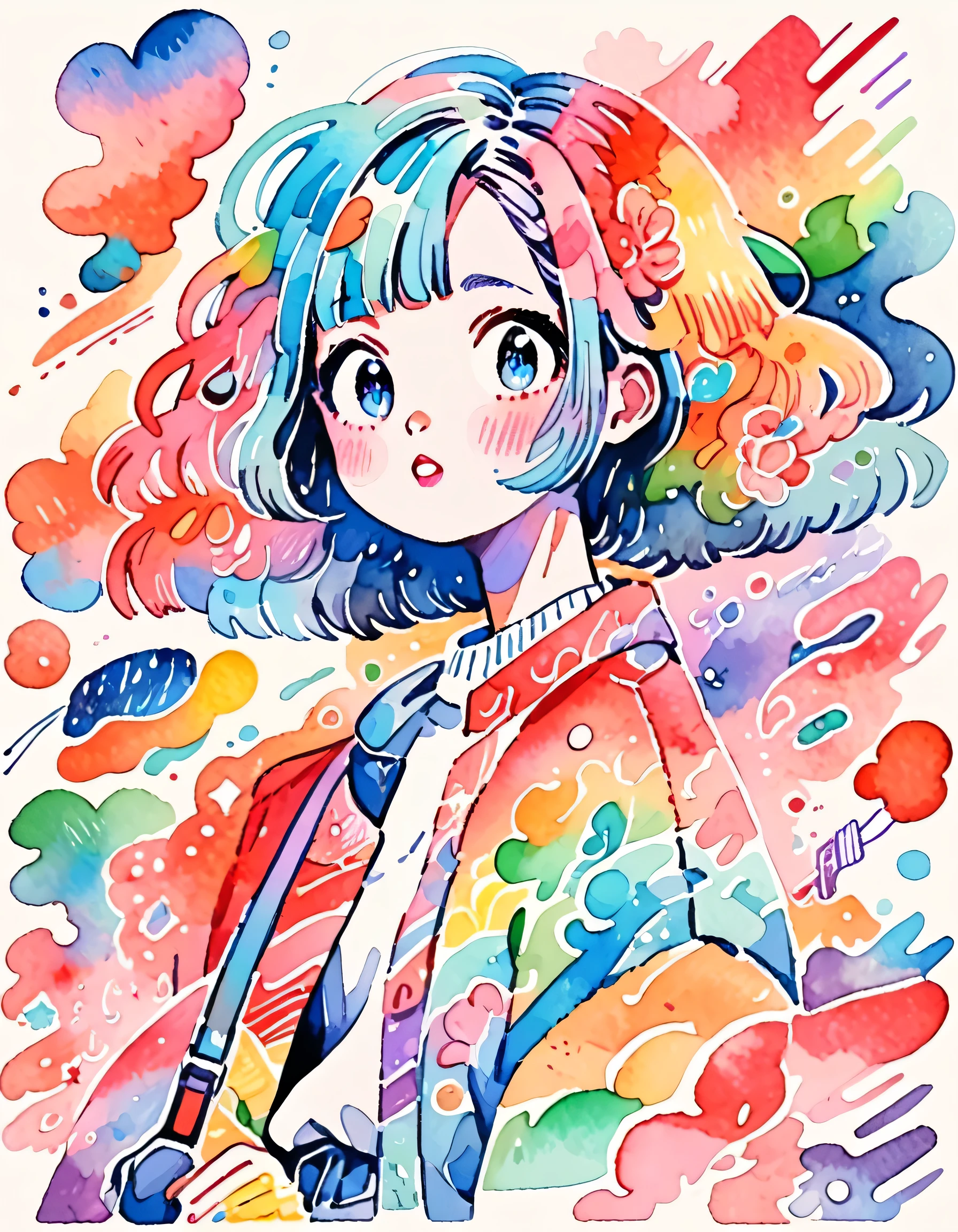 Hiromi Matsuo Style、(((stylish fashion))), 8K Quality、Intense watercolor, Detailed watercolor art, Watercolor splash, Surreal, avant-garde pop art, Beautiful and expressive paintings, Beautiful artwork illustration, Very colorful tones, wonderful, Cool beauty, highest quality、Official Art, Vector art, Stylish design, (((The most beautiful girl))), (((highest quality))), HDR, ((detailed)), (((Doodle Art)), ((masterpiece)), ((Super detailed)), (((Colorful flowers))),(((Stylish)))