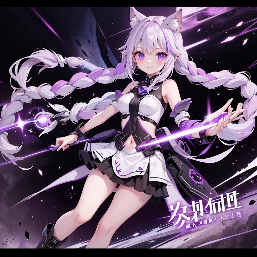 Movie Posters、Inji、1 girl、solo、Purple Eyes、Long Hair、Twin braids、The top of the head is milky white, and the hair goes down to purple gradation.、Multicolored Hair、Elbow Handbags、bangs、非常にLong Hair、Bare shoulders、Black Skirt、Gray Hair、dress、smile、Side cut-outs、Covered navel、Cut out the side、highest quality、Masterpiece、Official Art、16K、Super detailedな目、Super detailed、The best composition、Award-winning works、cyber punk、Vehicles of the Future、The speed of the vehicle、Purple light afterimage after running、
