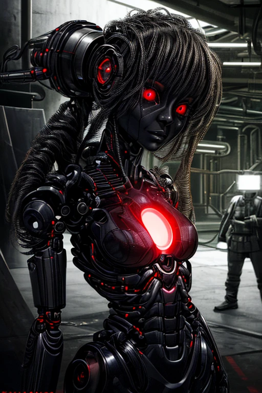 (highres,masterpiece:1.2),(realistic,photo-realistic:1.37),futuristic robotic girl,with red glowing eyes,in a dark factory, wearing black and torn clothing, in an industrial setting. She looks like a beautiful human, but has cyborg features, chica con brazos robotic