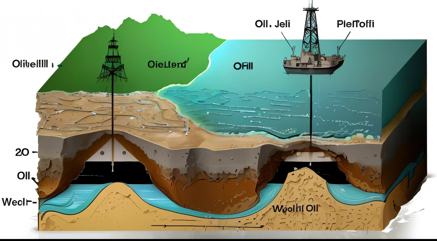 Schematic diagram of wells and wells in the ocean, Oilfield scene, Oil rig, Oil spills, Oil like flowing, Icon, Oil spill, Dredging the seabed, deep texture, illustration, made of Oil and water, Oil, Oil dereks on horizon, seabed, geology, leaking Oil, Haiti